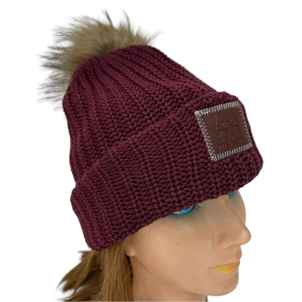 LOVE YOUR MELON Beanie Pom Pom Knit Hat USA Cotton Logo Deep Red Warm Co…